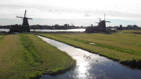 aerial windmills at the zaanse schans, amsterdam, netherlands