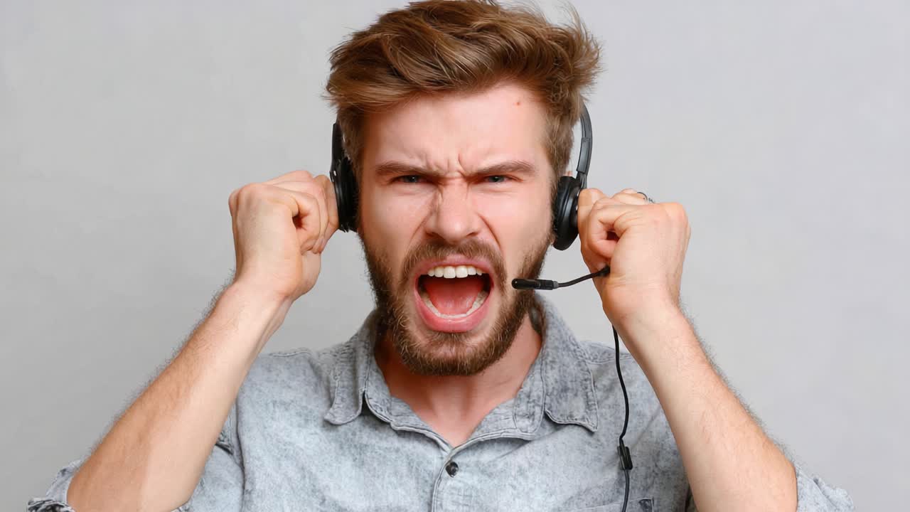 Intense Frustration: A Close-Up of a Young Man Yelling While Wearing a Headset, Capturing the Emotion of Stress and Anger in a Modern Communication Setting