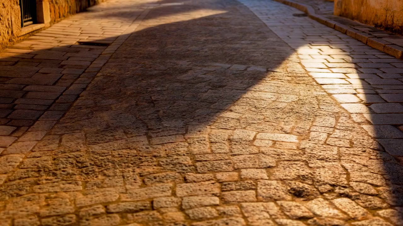 A quiet narrow cobblestone street in an old urban area, lit by warm sunlight and long shadows between aged walls and historic buildings