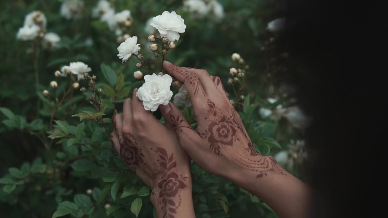 Mani all'henné tra rose bianche