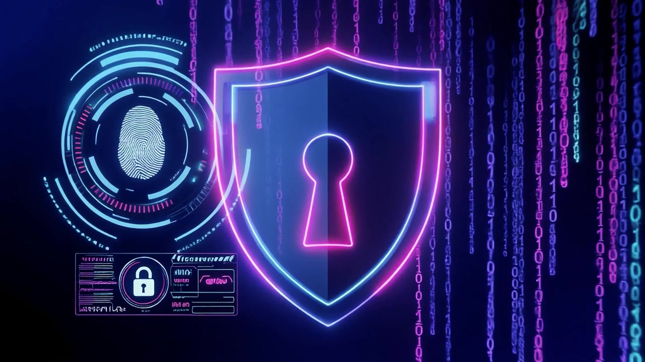 Digital Cybersecurity Concept with Glowing Neon Shield and Biometric Data