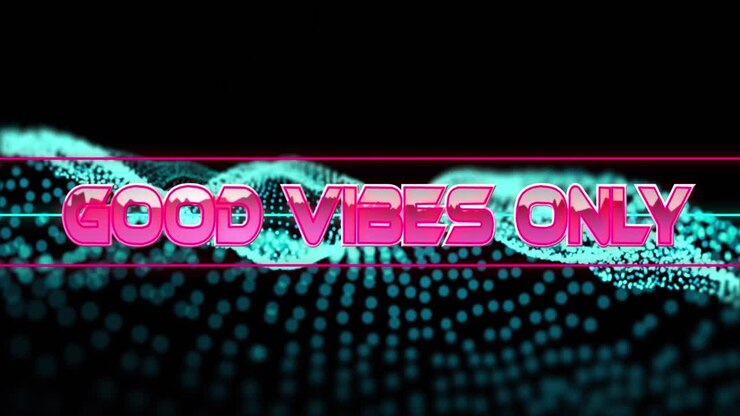 Animazione del testo "good vibes only" in lettere rosa metallizzato con linee su una rete verde luminosa
