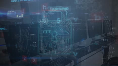Animation of digital padlock, scanning and warning over computers in office