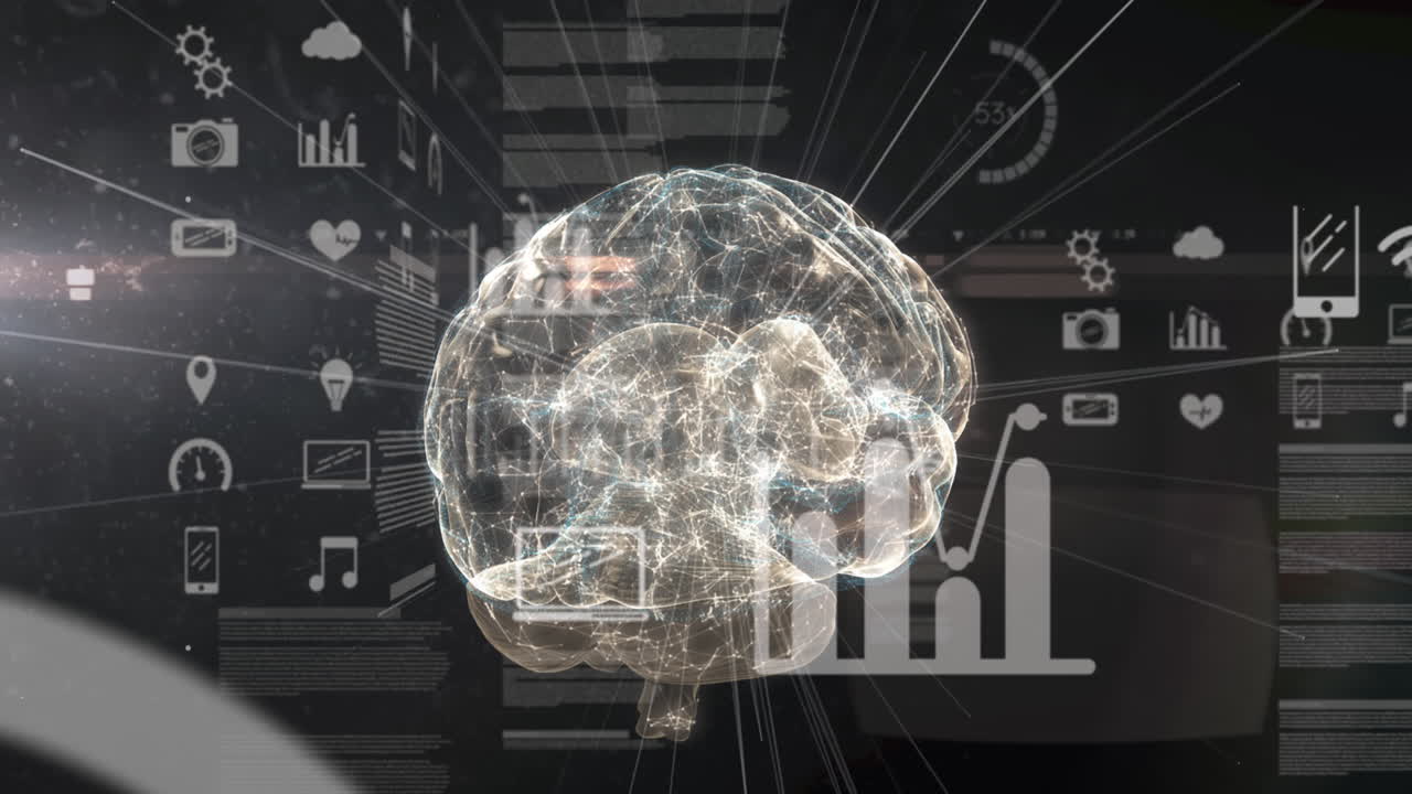 Animation of glowing human brain with digital interface data processing