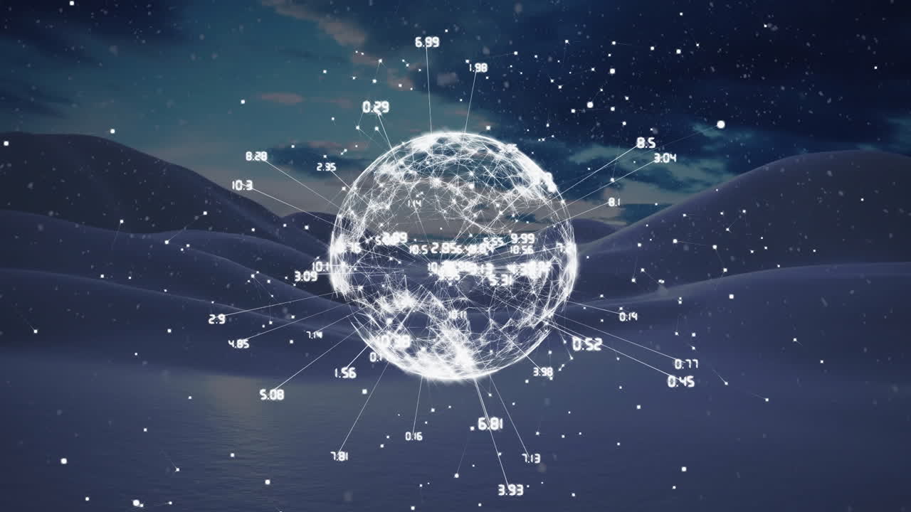 눈 인 산지 풍경 위의 데이터 포인트 애니메이션으로 반이는 지구