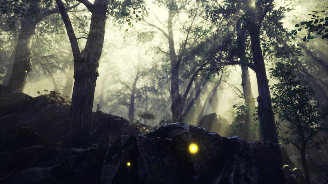 Magical forest illuminated by glowing fireflies at dusk