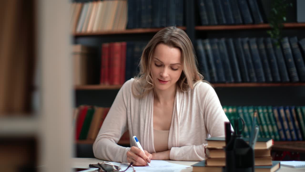 Smiling business teacher professor science academic young woman writing paper letter desk at library