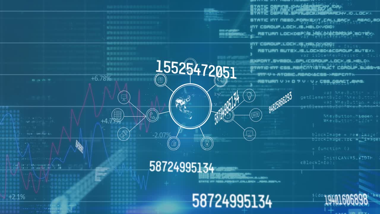 Animation of multiple changing numbers and statistical data processing against spinning globe