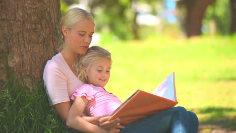 Young-girl-reading-a-book-with-her-mother