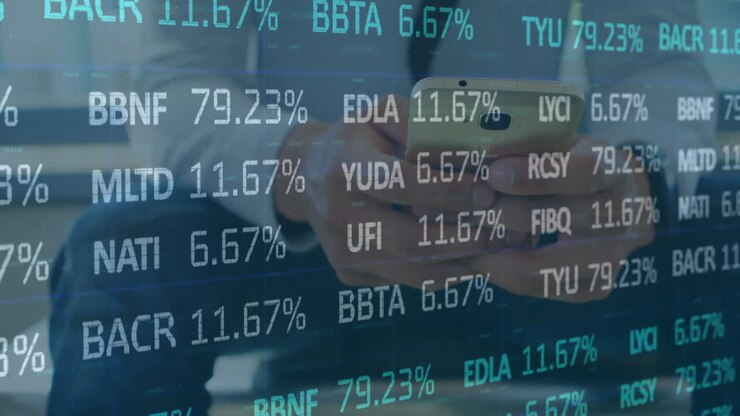 Animation of financial data processing over man using smartphone