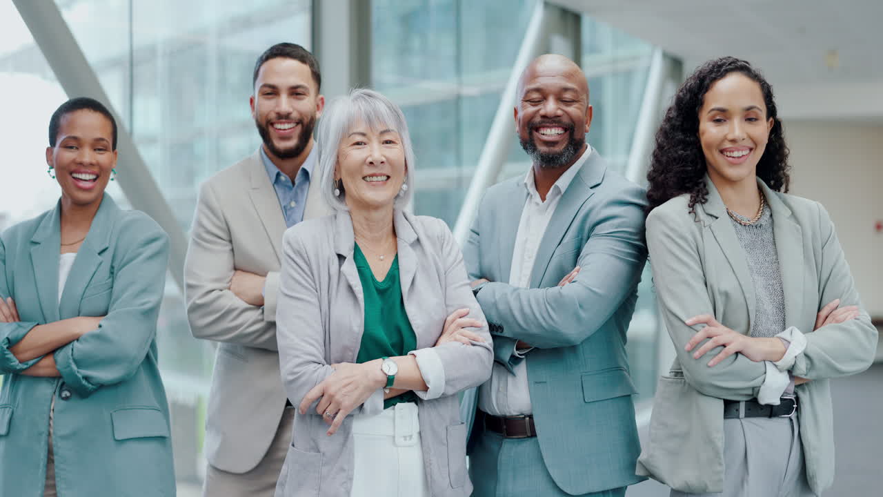 Face, group and business people with arms crossed
