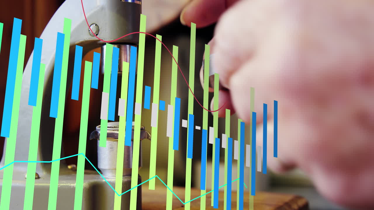 시계를 수리하기 위해 장비를 사용하는 백인 남자의 절단 된 손에 대한 그래프의 애니메이션