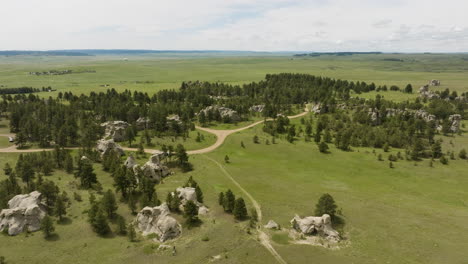 aerial view of rock formations and grassland