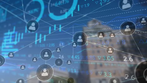 animation of financial data processing and network of connections over cityscape