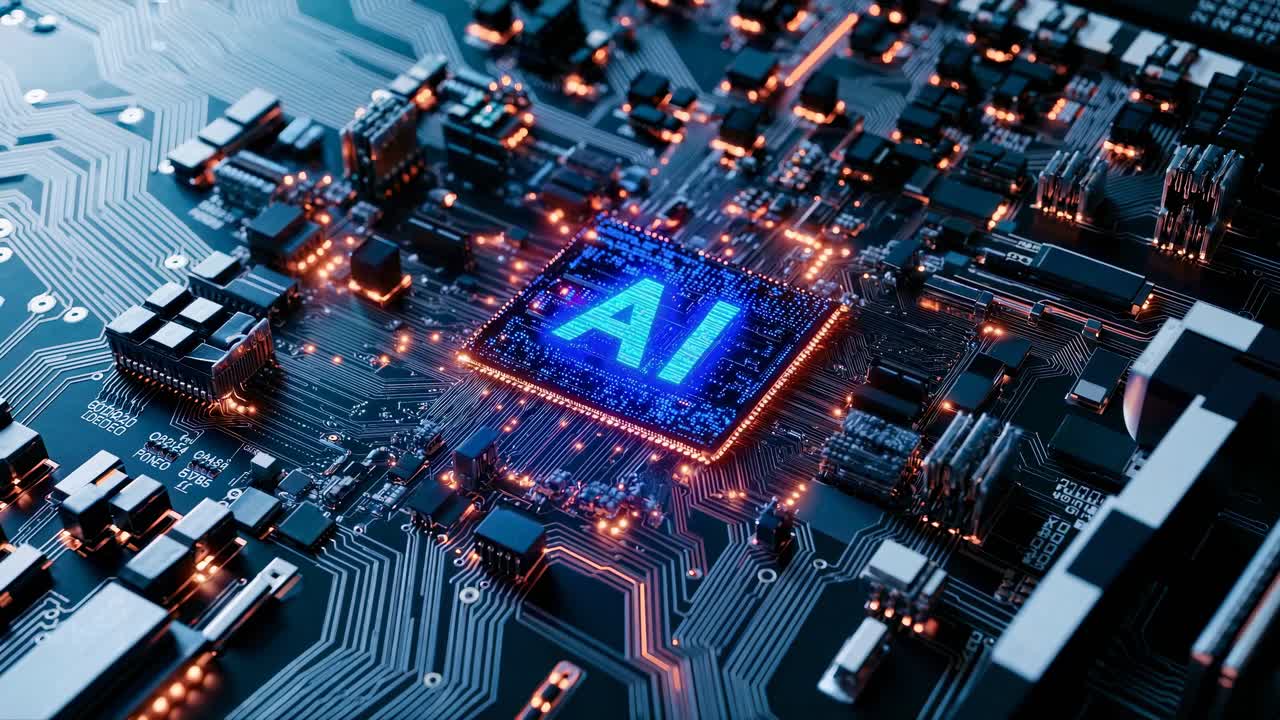 Aerial view of a glowing AI chip on a circuit board, highlighting advanced technology concepts