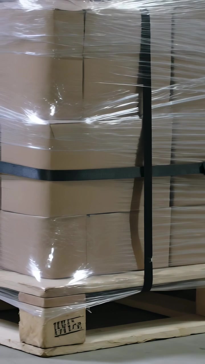 Vertical video: Panning camera scanning boxes on pallet on warehouse floor, showing film, straps