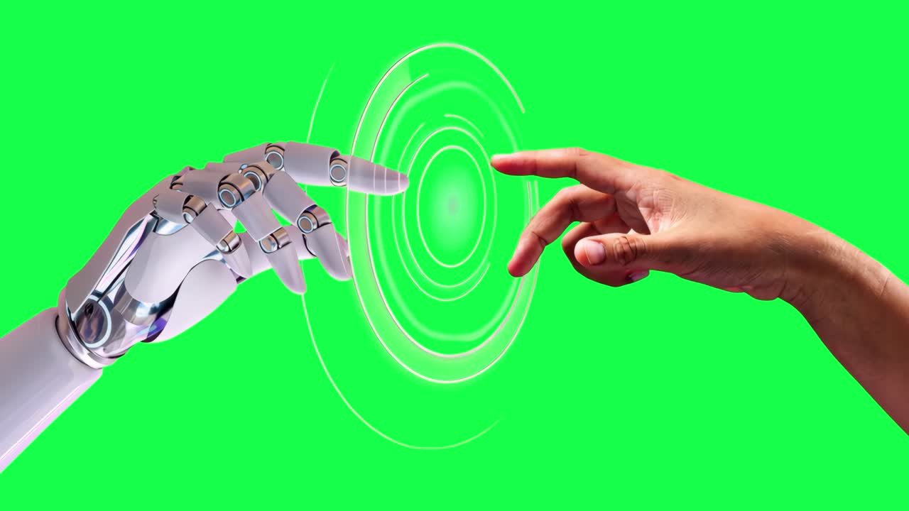 Human and robot connection concept animation, transparent 4K video, green screen