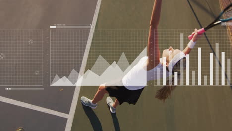Female tennis player serving on outdoor court, showing tech data overlays with grids and charts
