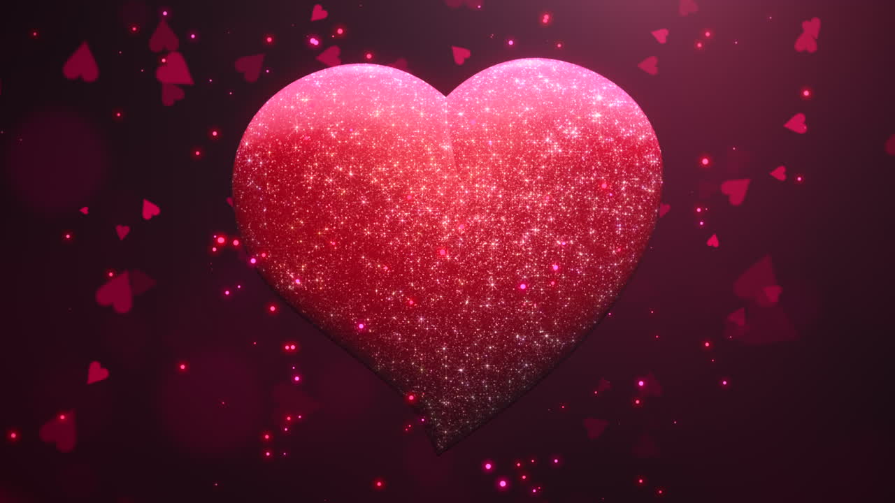 Primo piano di un cuore di San Valentino alla moda con piccoli glitter e cuori volanti su gradiente rosso
