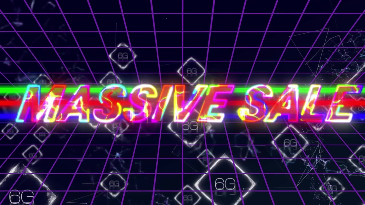 グリッドパターンを背景に、光る「MASSIVE SALE」の文字と「6G」の文字のアニメーション。