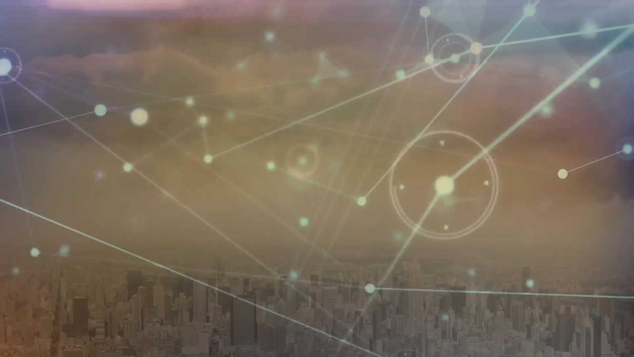 animación de la red de conexiones contra la vista aérea del paisaje urbano