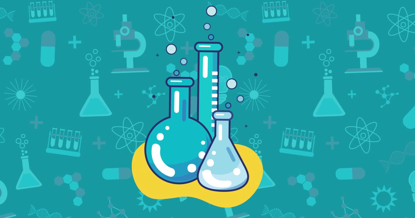Icona di becher da laboratorio su icone di concetti scientifici su sfondo blu