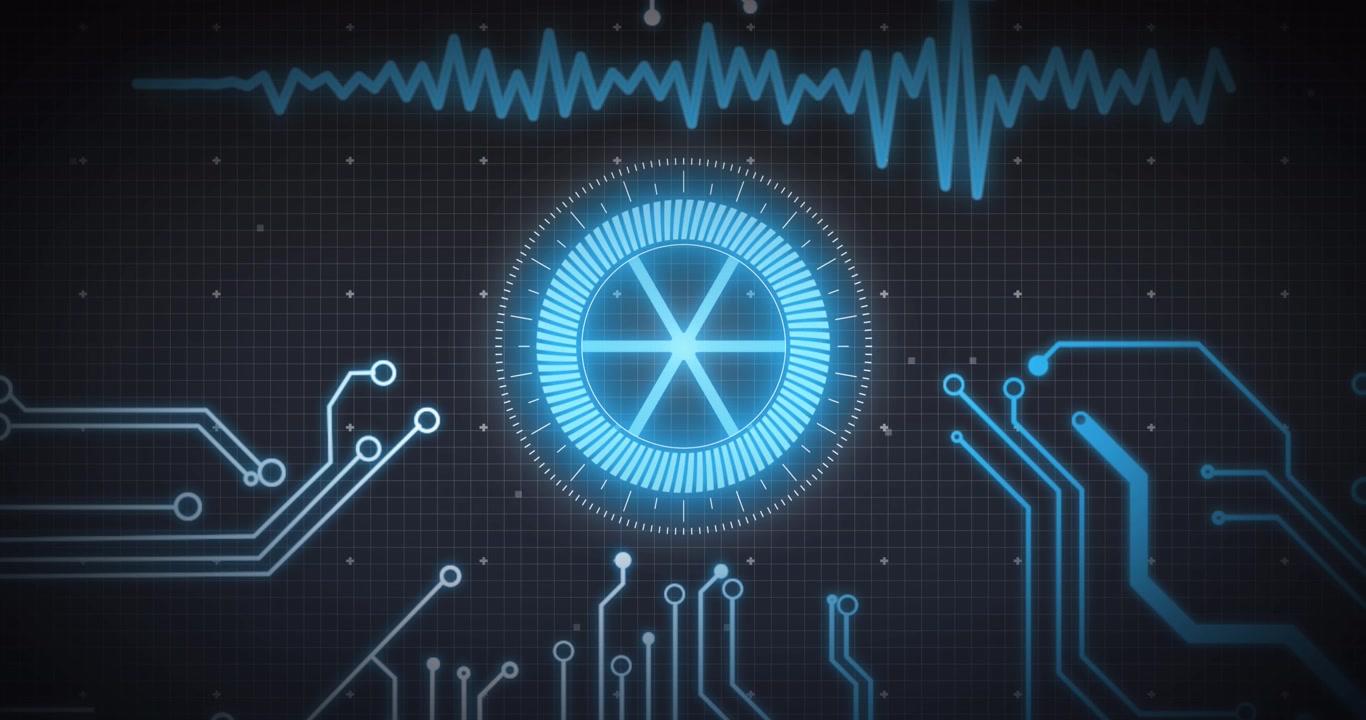 Animation of scope scanning and data processing over computer circuit board and grid