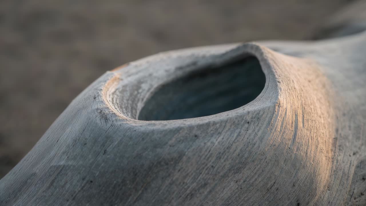 Rörlig kamera som avslöjar texturer av ett stort, blekt benobjekt på en sandstrand, ljuset snuddar vid hålkantsömmen