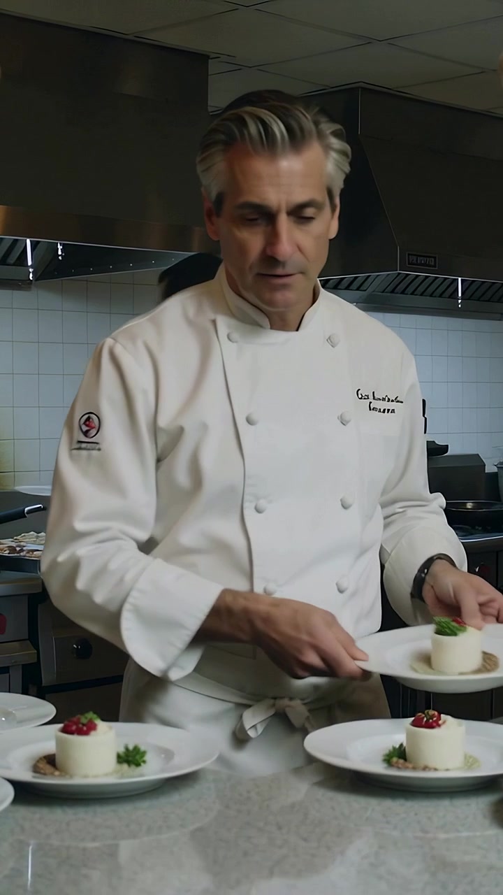 Video verticale: Chef in divisa bianca che sposta i piatti verso il cameriere al bancone di preparazione con salsa rossa