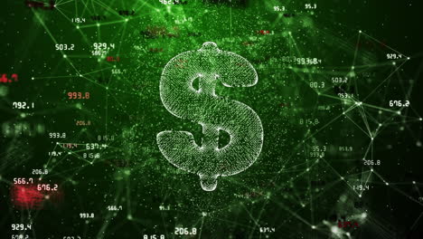 us currency dollar sign on green background with changing financial indicators. lines and dots with moving numbers. abstract looped animation.