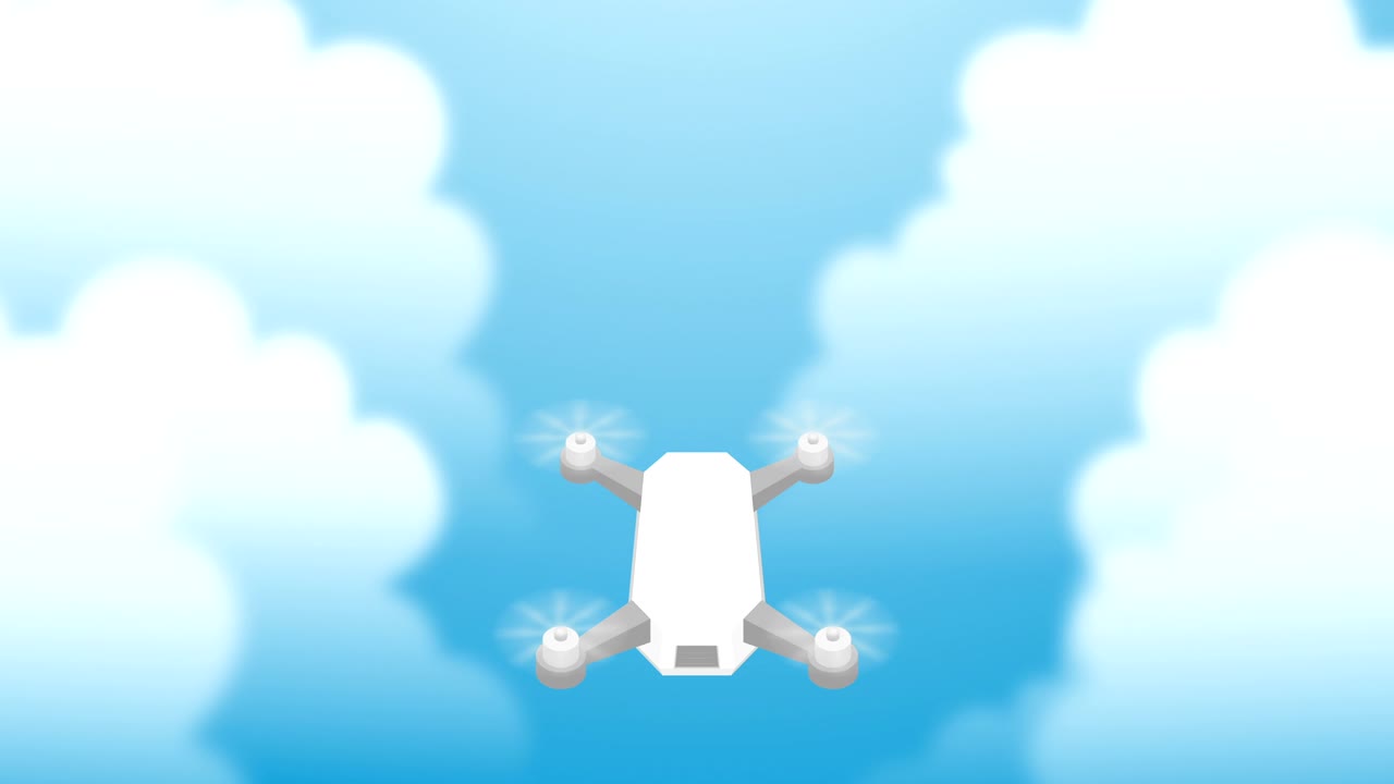 하늘을 날아다니는 무인기와 구름 루프 애니메이션 4k 알파 채널과 함께 파란색 그라디언트 배경
