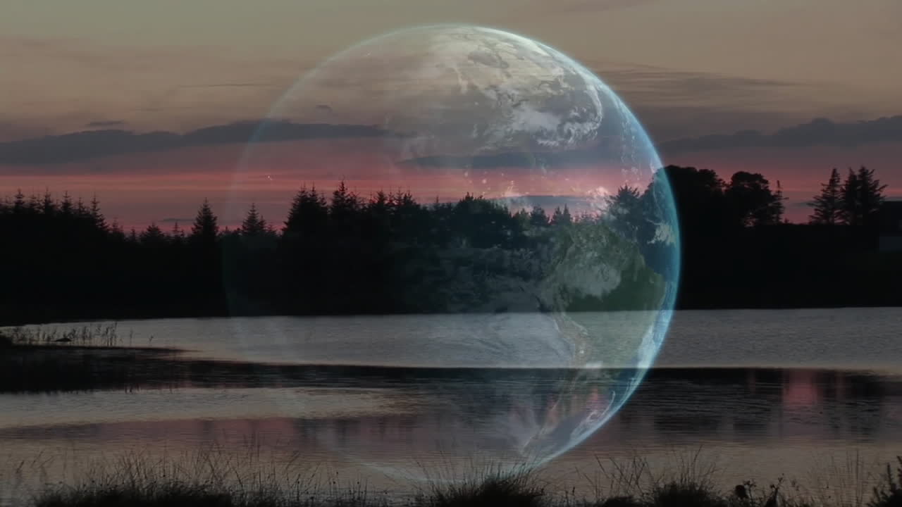 Animación de la Tierra sobre un paisaje de lago sereno con árboles y un cielo al atardecer.