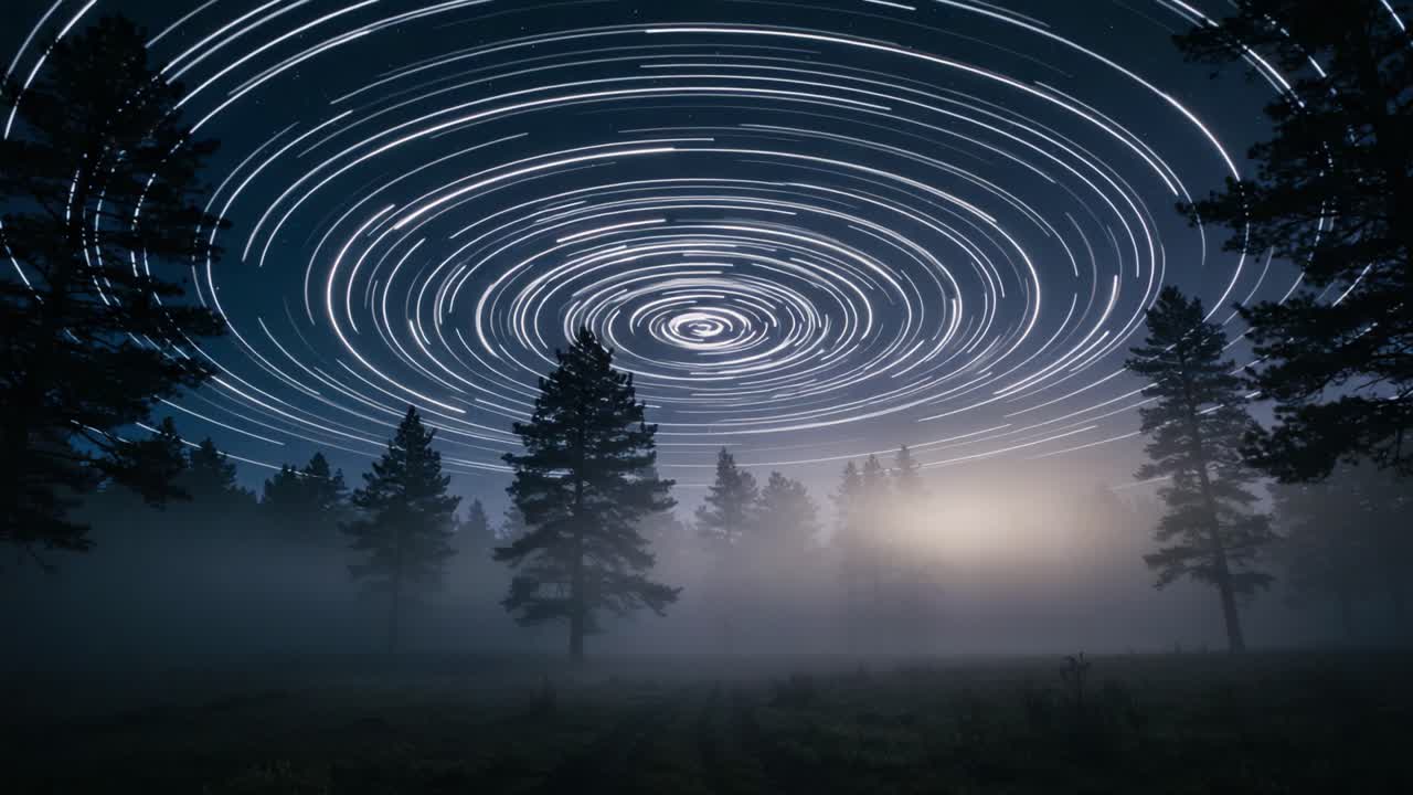 Mystical Night Sky: A Serene Journey Through Star Trails Surrounded by Tall Pines under the Enigmatic Veil of Fog in a Dark Forest Landscape