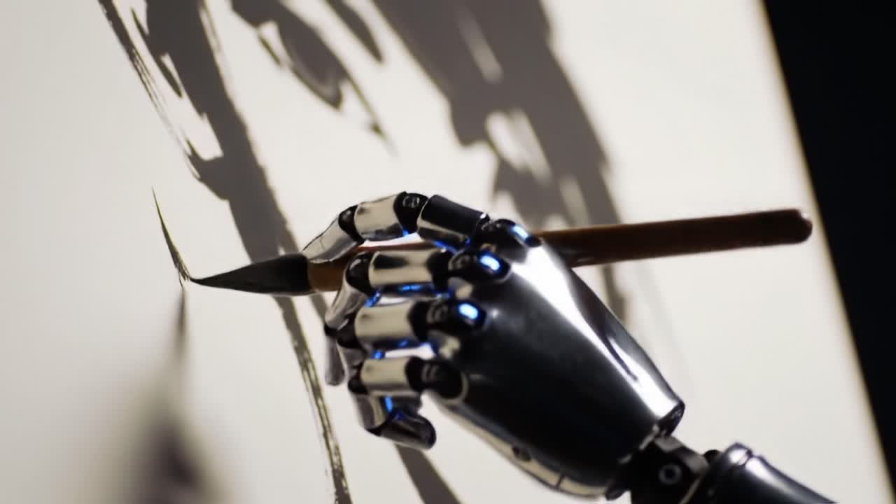 A Close-Up of a Robotic Hand Skillfully Illustrating on Canvas with Precision, Capturing the Essence of Artistry through Technology and Creativity