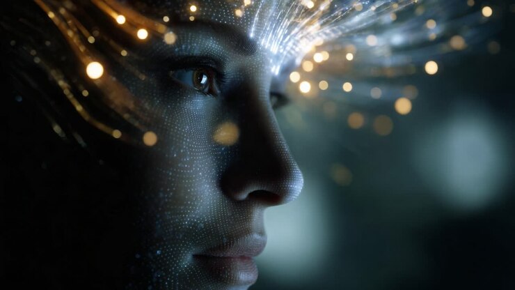 A mesmerizing digital portrait showcasing a young woman with ethereal light patterns emanating from her head, representing the fusion of technology and human expression