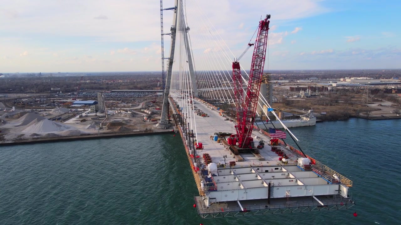 Large Cable-Stayed Bridge Under Construction - Gordie Howe international bridge connecting Detroit Michigan to Windsor Canada over the Detroit River