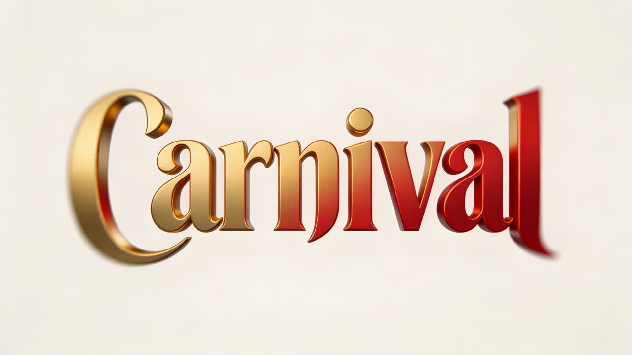 Mostrando il logo 3D "Carnevale" su uno sfondo caldo con sottili cambiamenti di illuminazione che rivelano una finitura sfumata dall'oro al rosso.