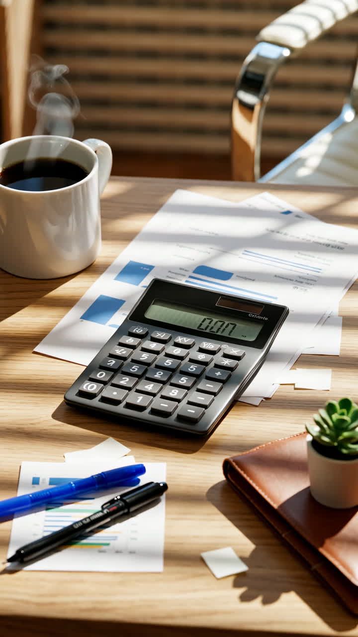 Desk with Calculator, Coffee, and Documents in Sunlight