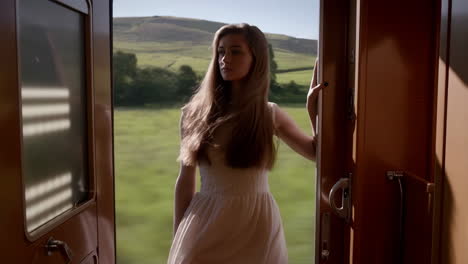 woman in dress on a train