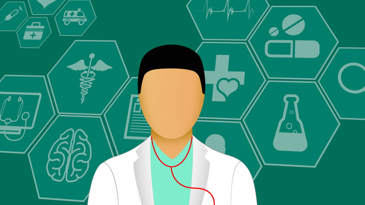 animación digital del ícono del médico masculino y múltiples íconos médicos contra un fondo verde