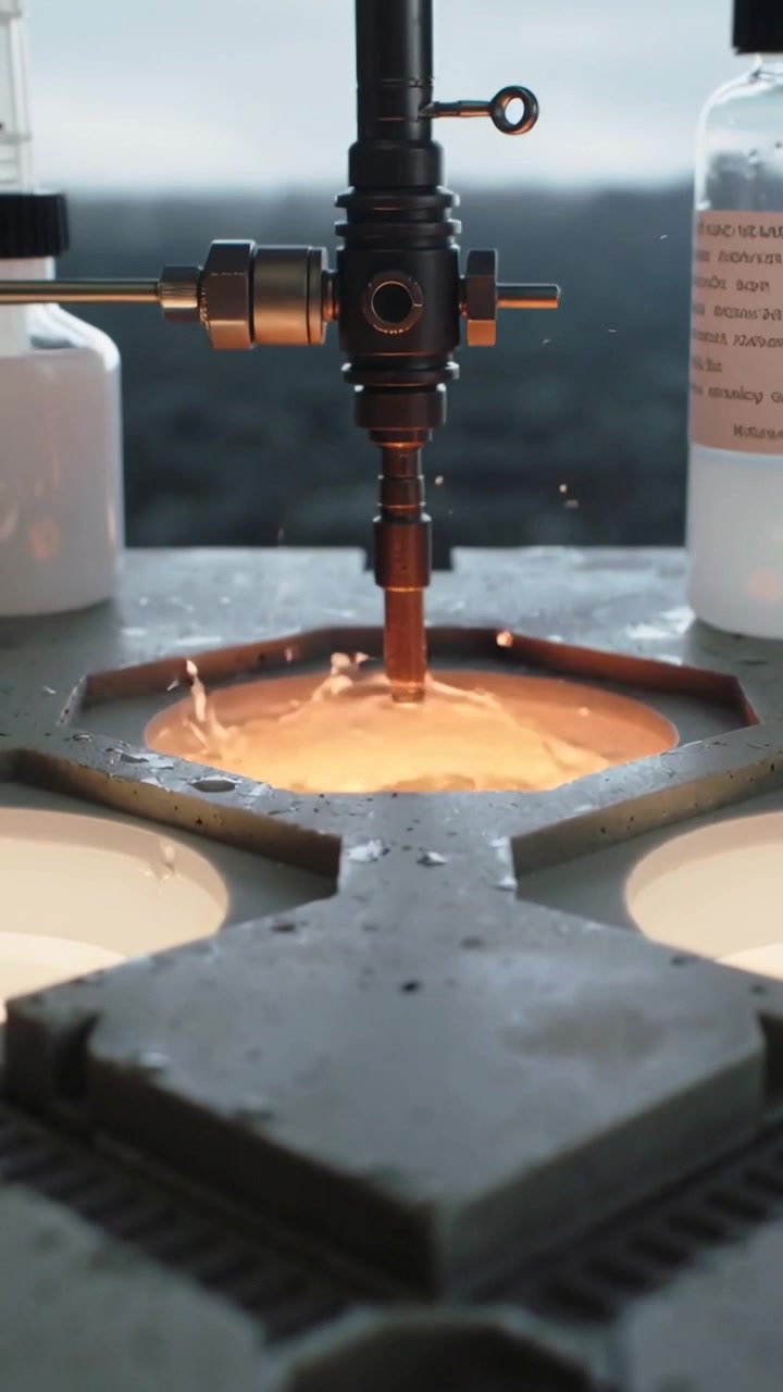 Vertical video: Valve opening sending nozzle pouring liquid into hexagon mold at bench for casting