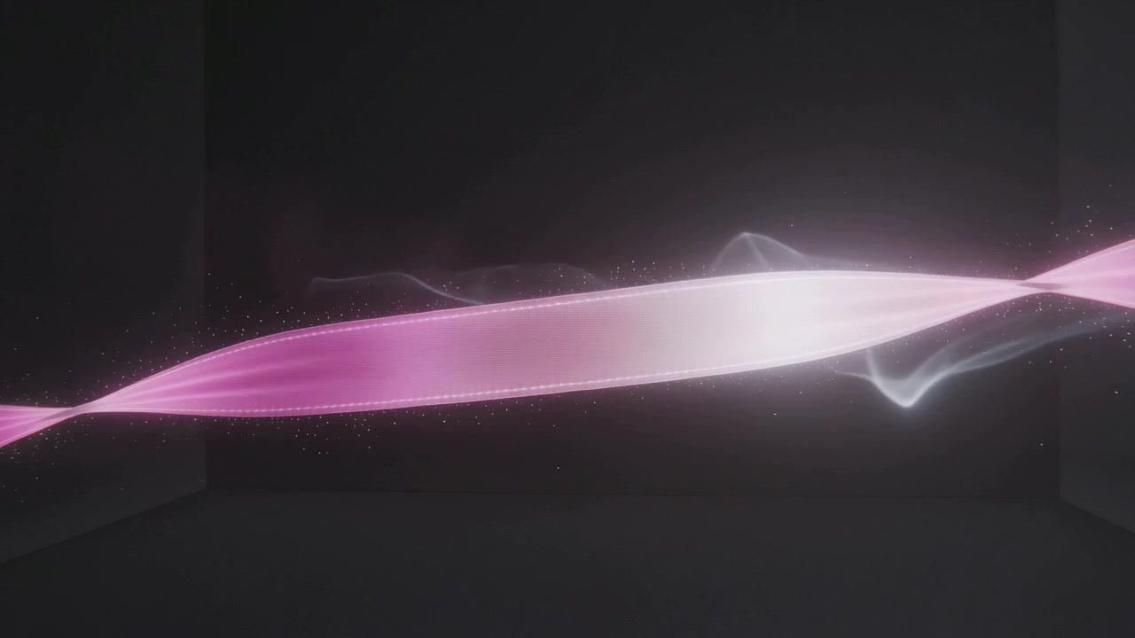 Starting frames with glowing pink ribbon widening in dark box, emitting particle mist for showcase