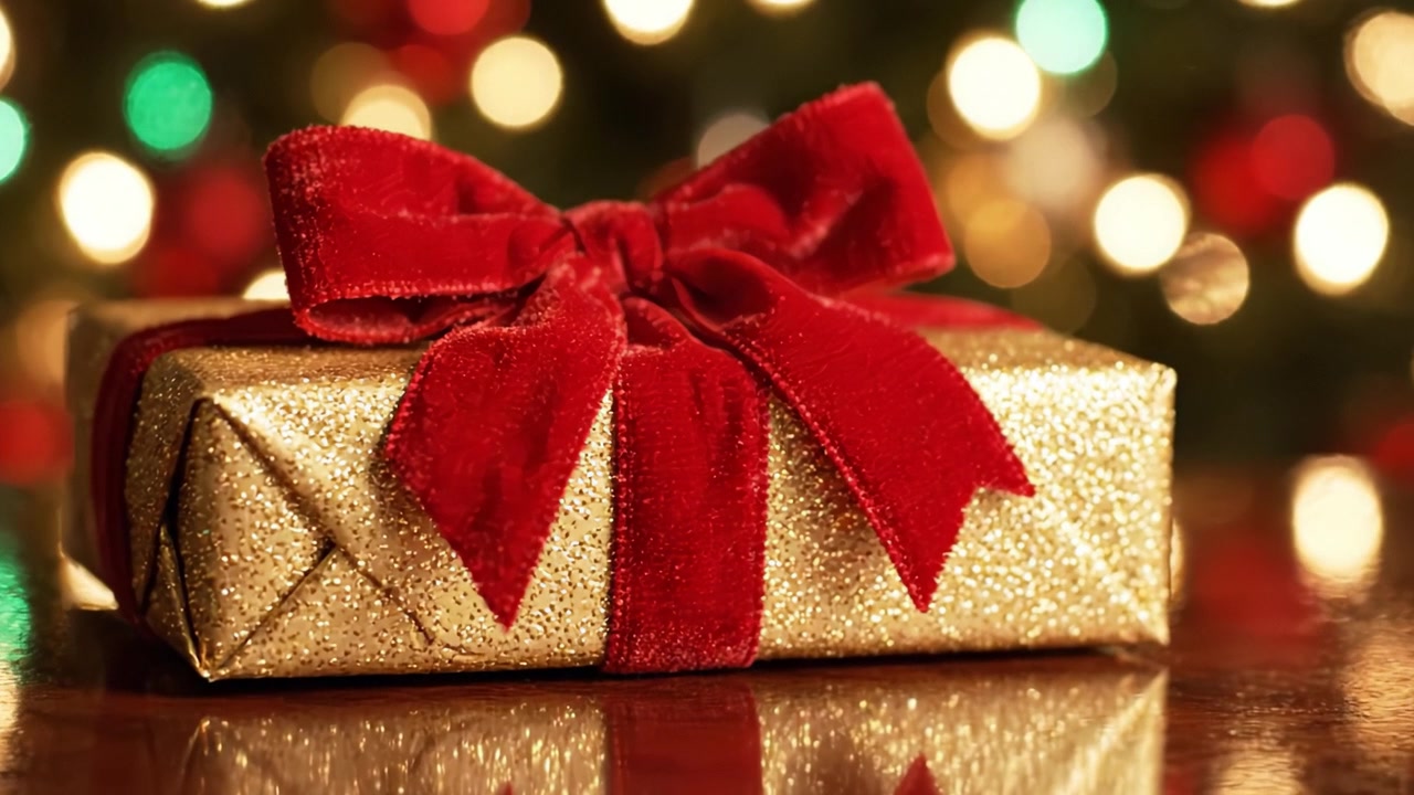Un regalo di Natale splendidamente incartato, luccicante d'oro e con un fiocco rosso, circondato da uno sfondo colorato di luci natalizie e decorazioni allegre.