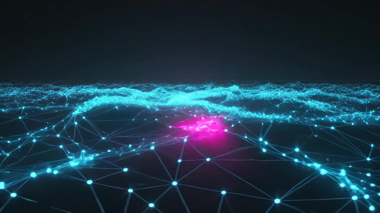 Receiving signal, glowing cyan mesh pulsing across void, magenta hotspots migrating for data flow