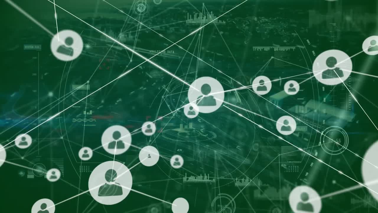 도시 풍경 위의 아이콘으로 연결된 네트워크의 애니메이션