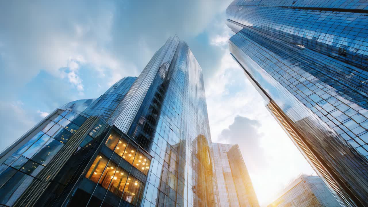 Una perspectiva impresionante de rascacielos modernos que se alzan hacia el cielo, con un fondo de nubes espectaculares y una luz de atardecer brillante, que captura la esencia de la arquitectura y el diseño urbano contemporáneo.