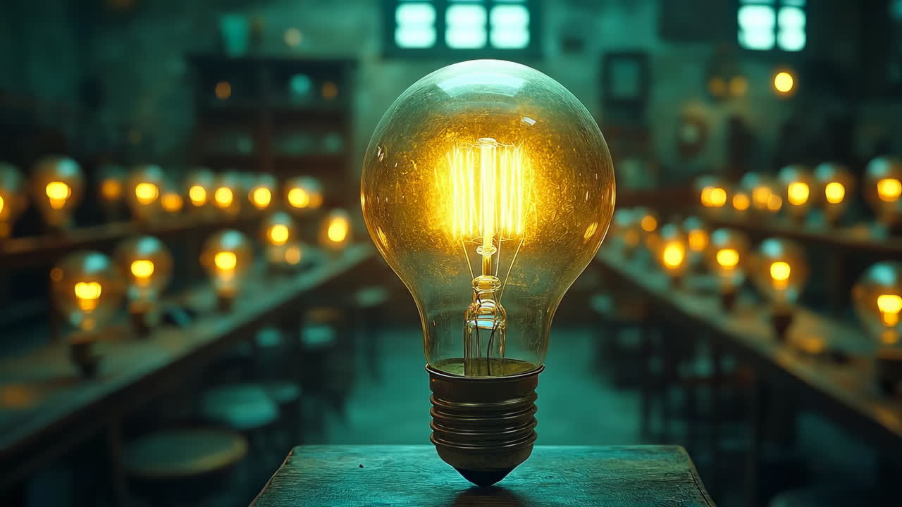 Light bulb stands on a table in a dim room filled with glowing bulbs in the background during an evening gathering