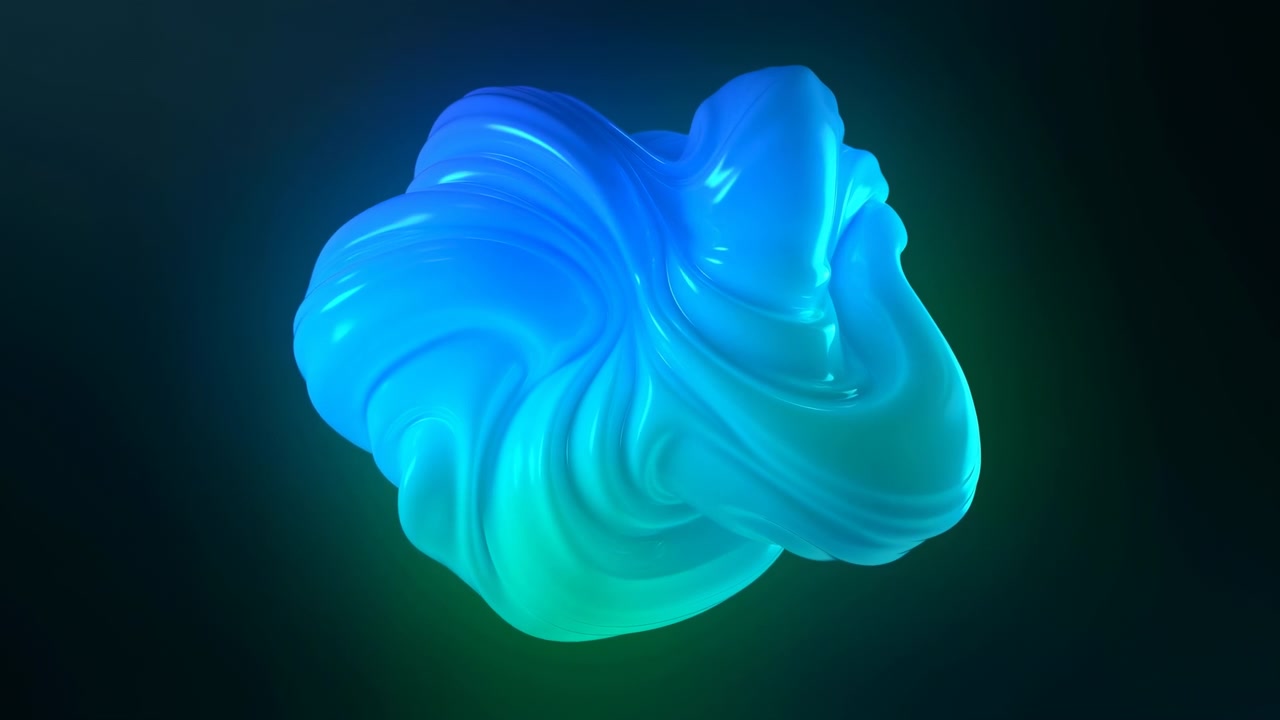 Primo piano di una forma amorfa lucida blu-verde che galleggia leggermente a destra del centro su uno sfondo sfumato verde acqua scuro. Pieghe drappeggiate lisce e fluide