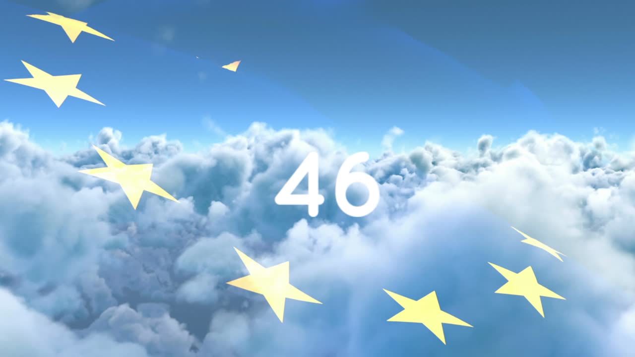 성장하는 숫자와 구름과 하늘 위의 별들의 애니메이션