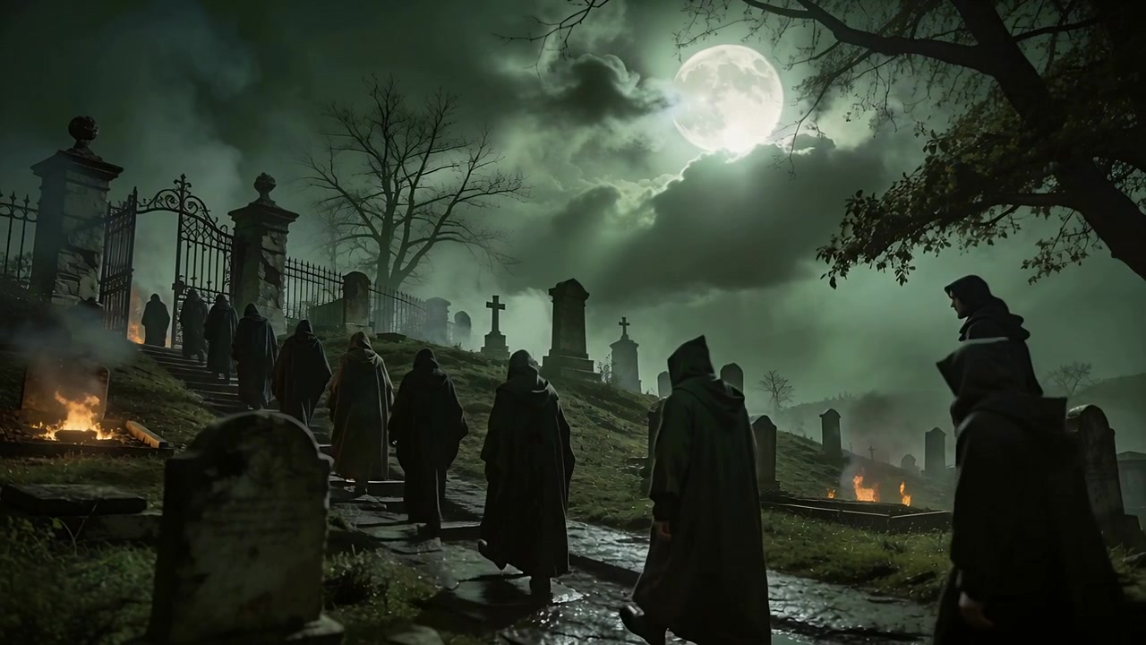Una processione incappucciata sale su un sentiero di pietra in un rituale, indossando tuniche, con la luce della luna che segnala il cancello.